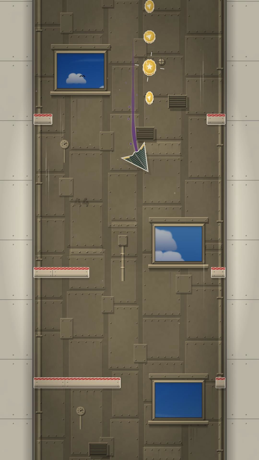 A paper plane with a purple trail dives past gold coins in Paper Drift's Classic factory shaft