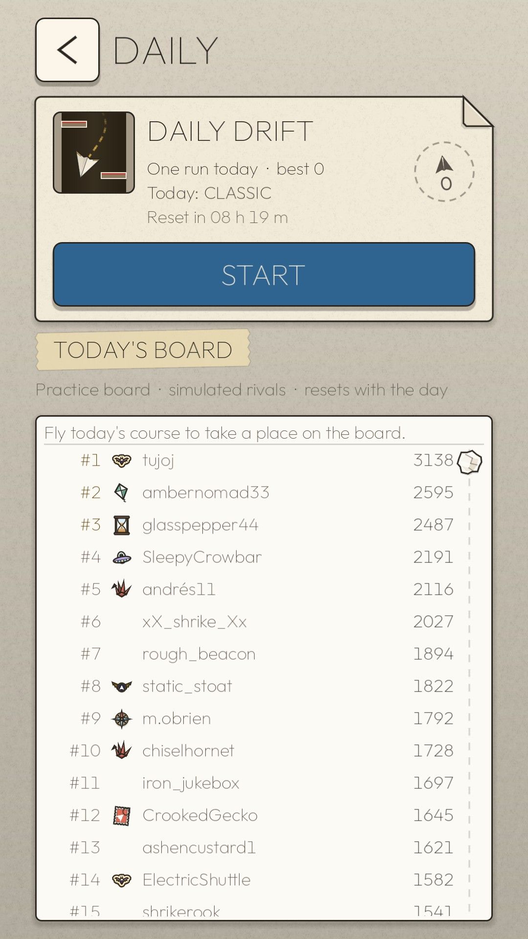 The Daily Drift screen with today's course and a practice board