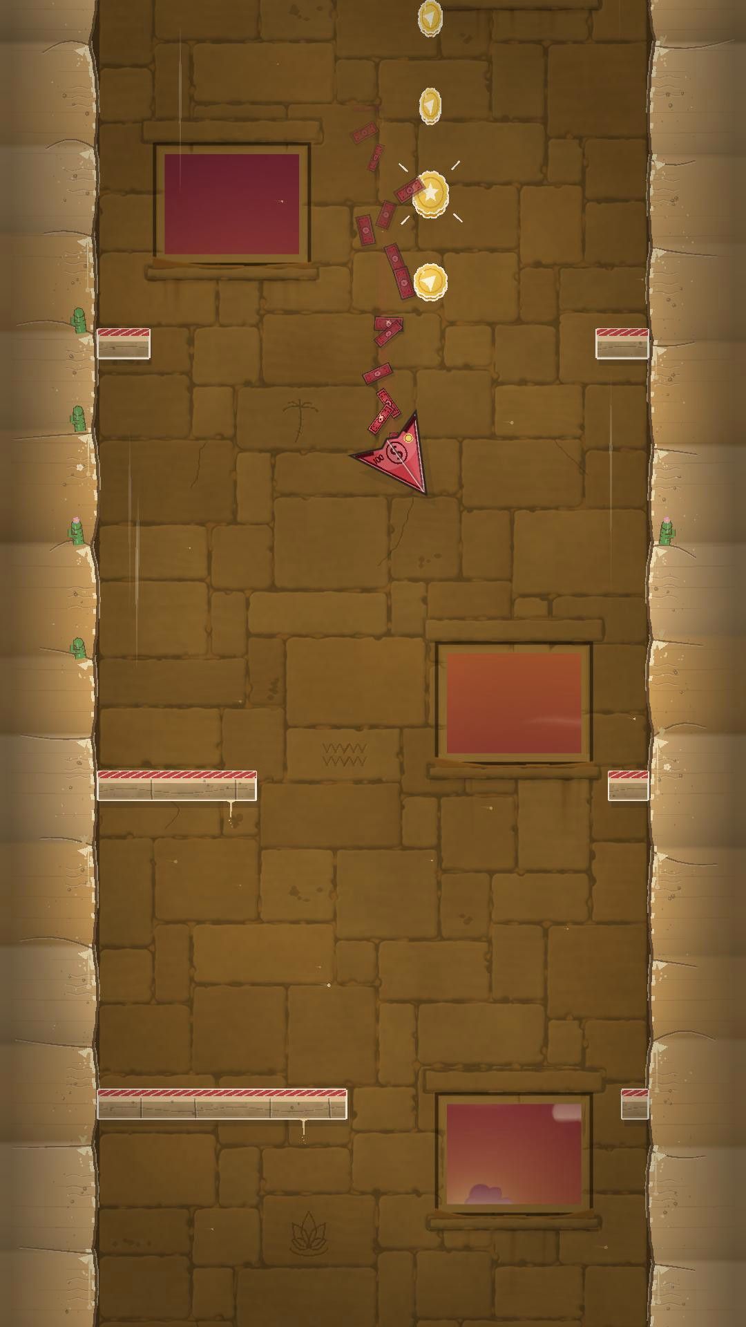 A red paper plane drops through the Desert's sandstone shaft, trailing paper banknotes past a gold coin