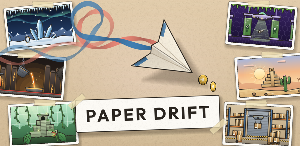 A folded white paper plane trailing red and blue ribbons, surrounded by taped postcards of Paper Drift's worlds