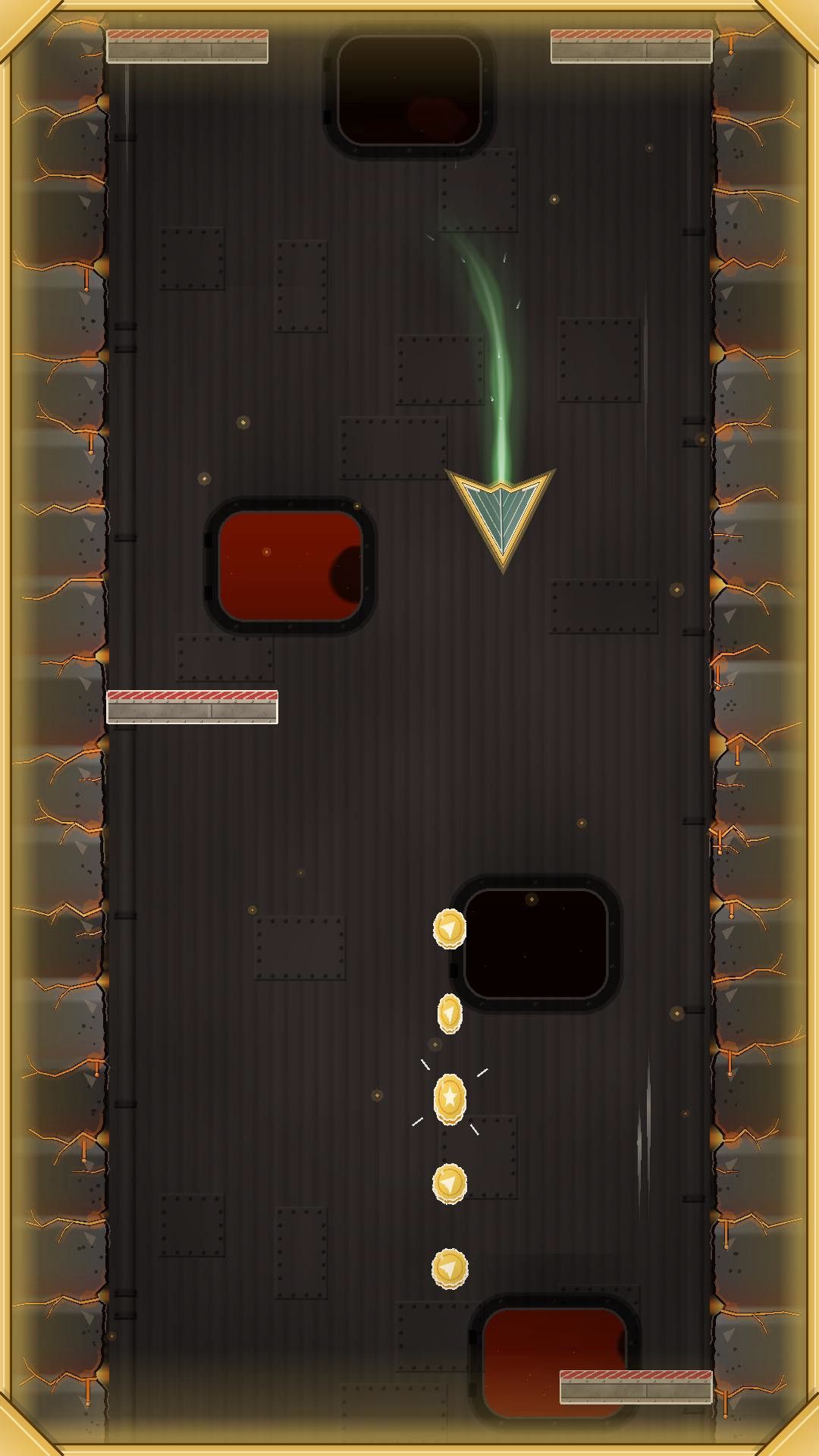 A paper plane inside the golden invincibility frame of a thermal, above a line of coins in Paper Drift's Foundry