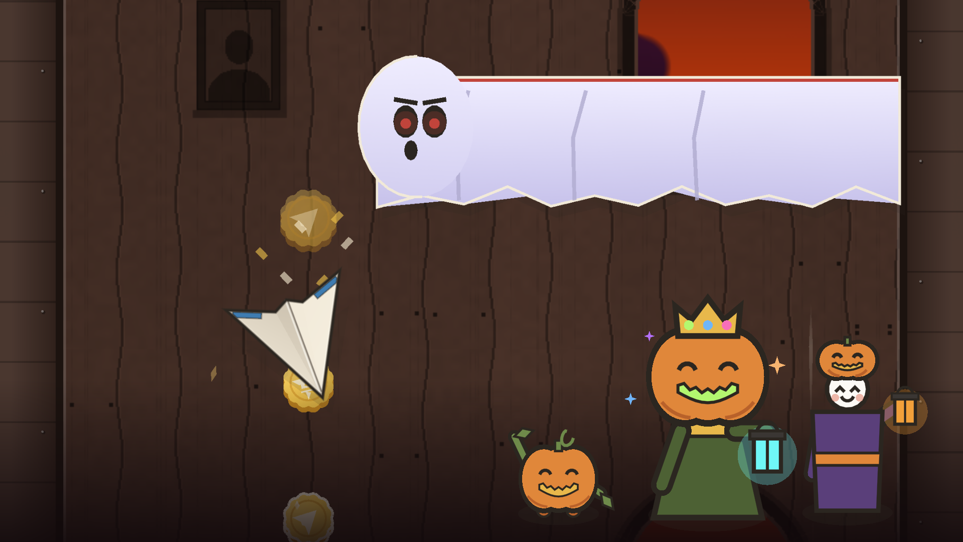 A paper plane passes a ghost stretched from the wall of a haunted manor, watched by a crowned pumpkin and costumed Halloween figures