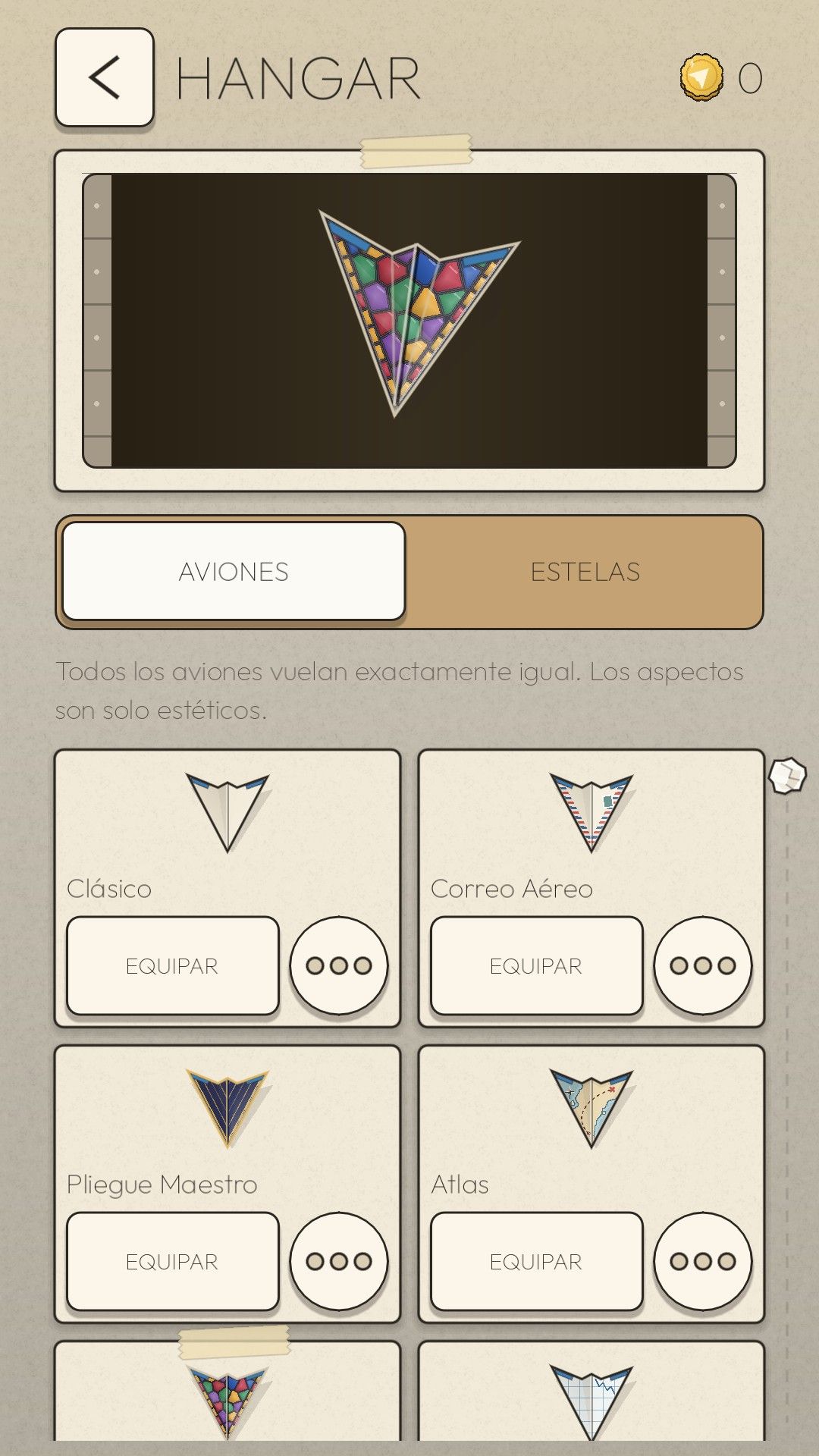 El Hangar con un avión de papel de vitral y la lista de aviones