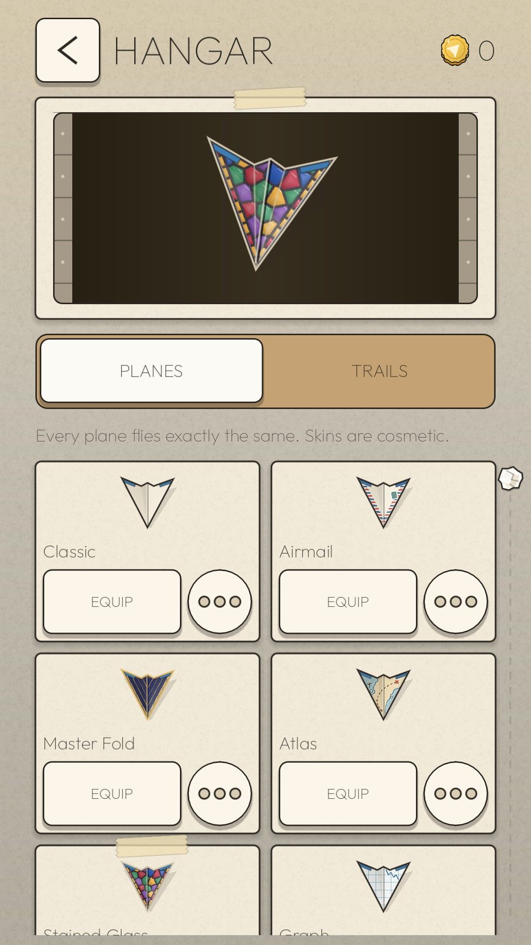 The Hangar with a stained-glass paper plane and the list of planes