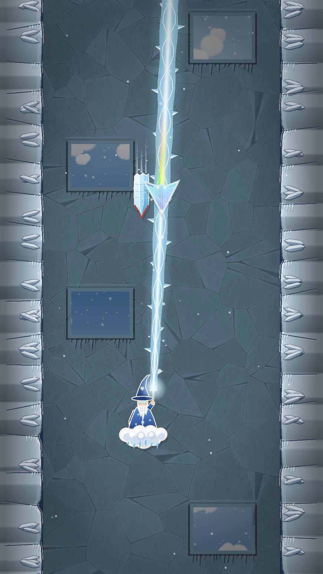A paper plane caught in the Ice Wizard's frost ray beside a falling icicle in the Glacier shaft