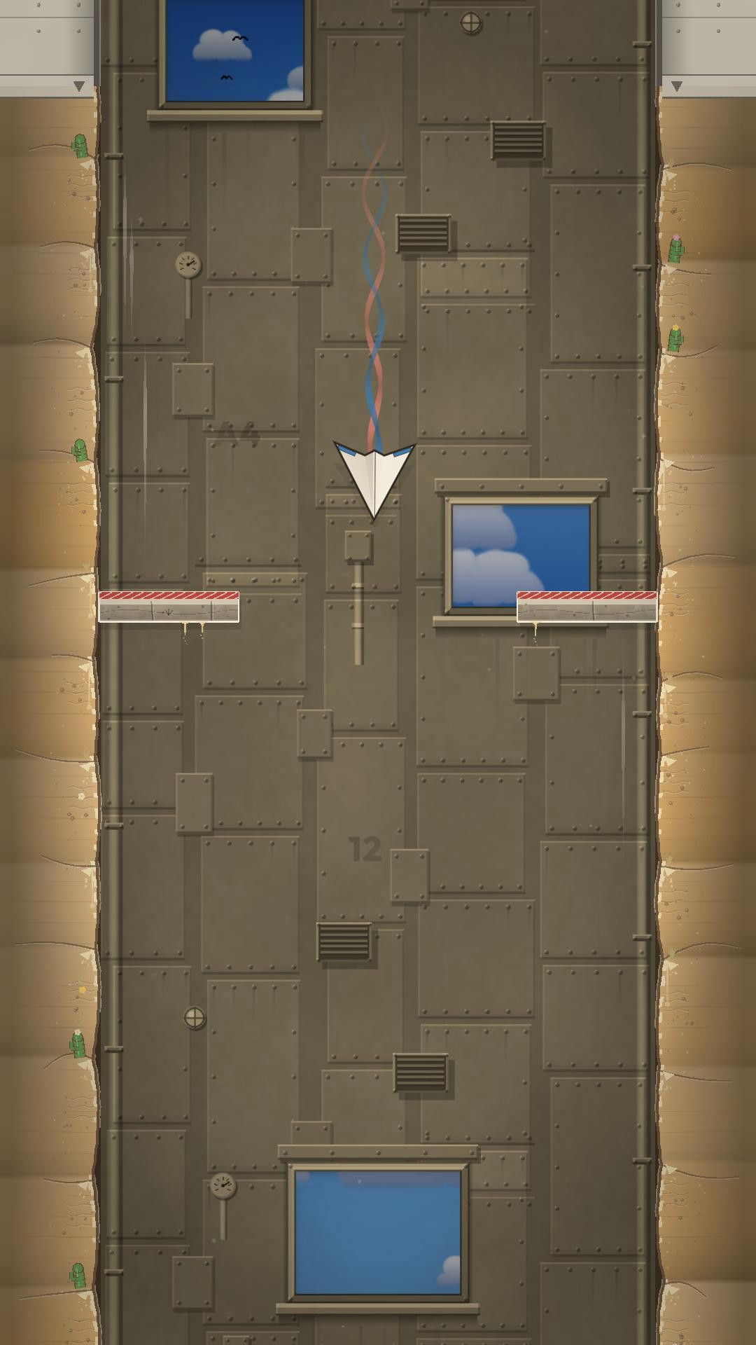 A paper plane falls as the shaft walls change from Classic's riveted steel to the Desert's sand