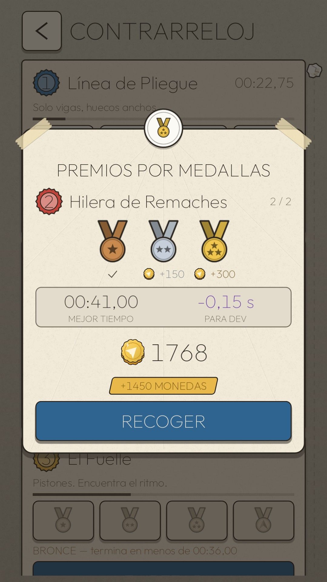 La hoja PREMIOS POR MEDALLAS sobre la lista de Contrarreloj: el bronce, la plata y el oro de Hilera de Remaches pagan 150 y 300 monedas, con un mejor tiempo de 00:41,00 y 0,15 segundos para la Dev