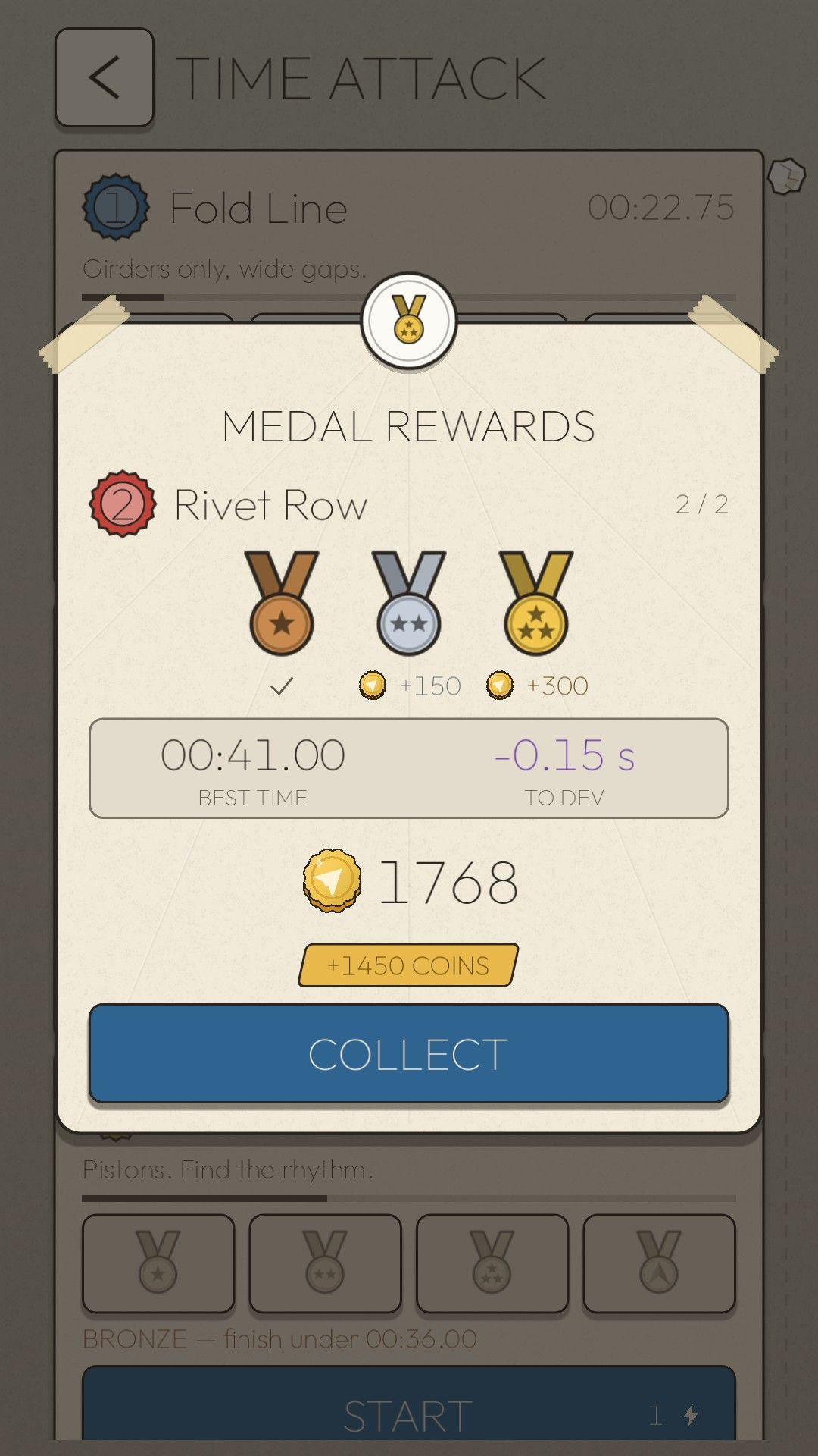 The MEDAL REWARDS sheet over the Time Attack list: Rivet Row's bronze, silver and gold medals paying 150 and 300 coins, with a best time of 00:41.00 and 0.15 seconds to dev