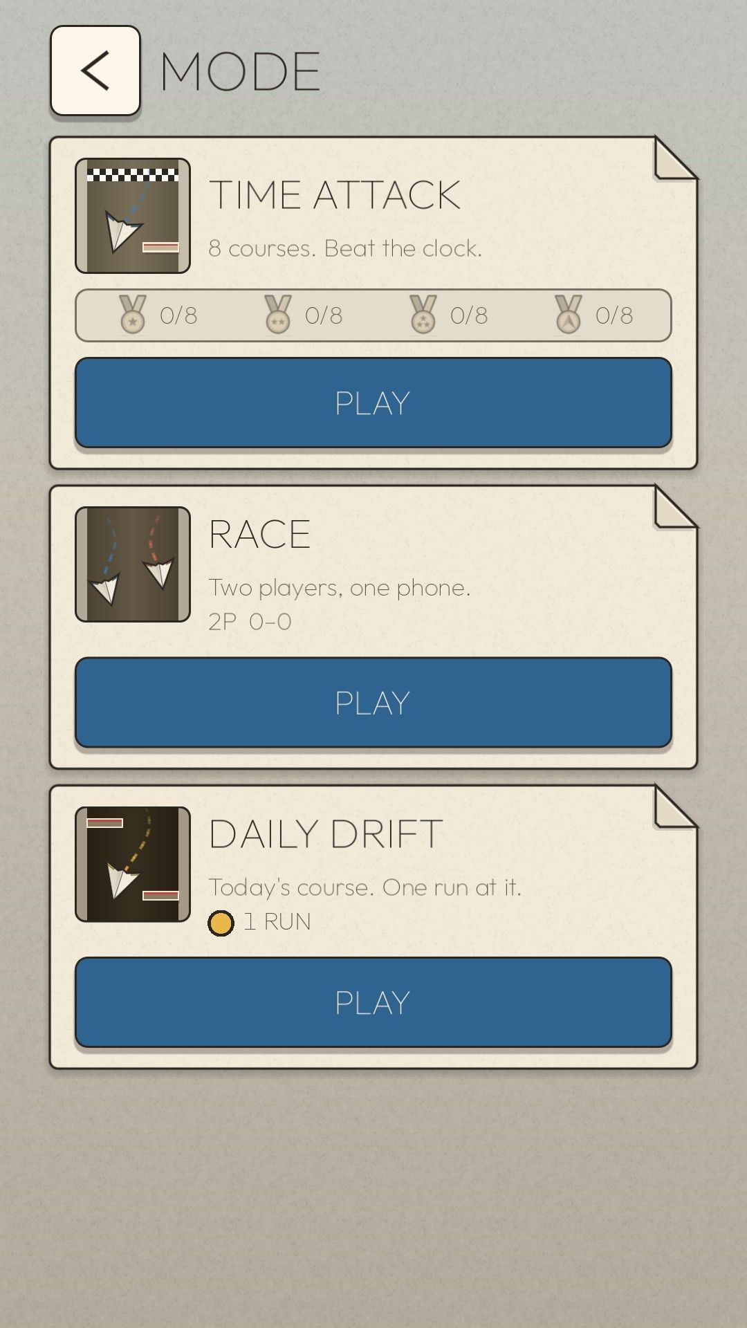 Paper Drift's mode screen listing Time Attack, Race for two players on one phone, and Daily Drift, each with a PLAY button