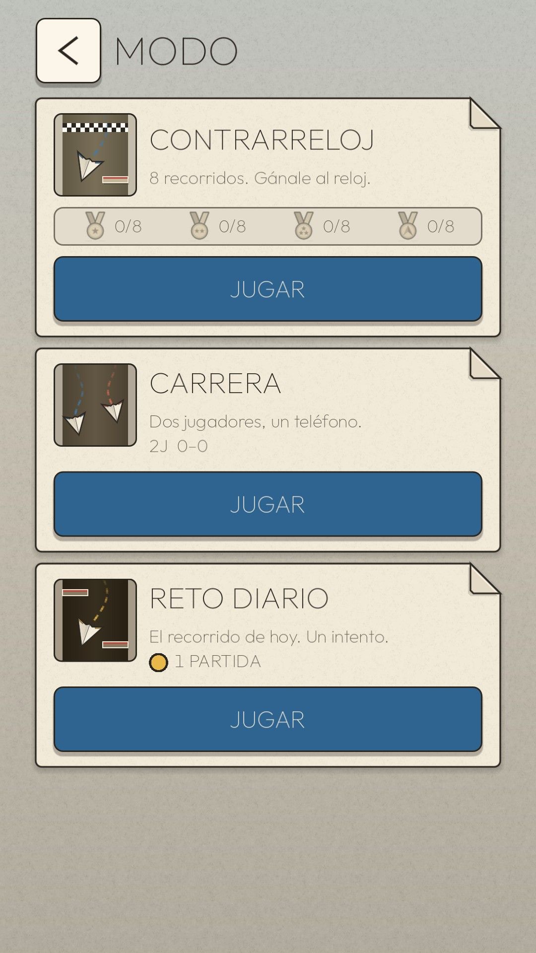 La pantalla de modos de Paper Drift con Contrarreloj, Carrera para dos jugadores en un mismo teléfono y Reto diario, cada uno con su botón de jugar