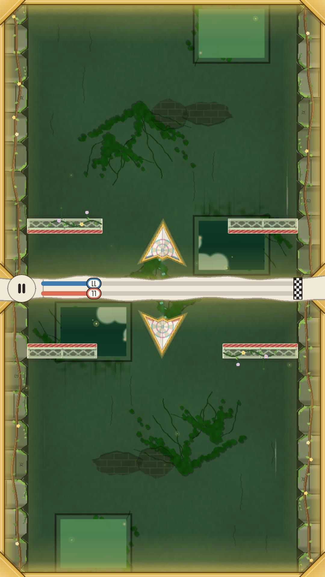 Race mode's split screen in the Jungle: two paper planes nose to nose, each half of the phone facing its own player, with a shared progress bar between them