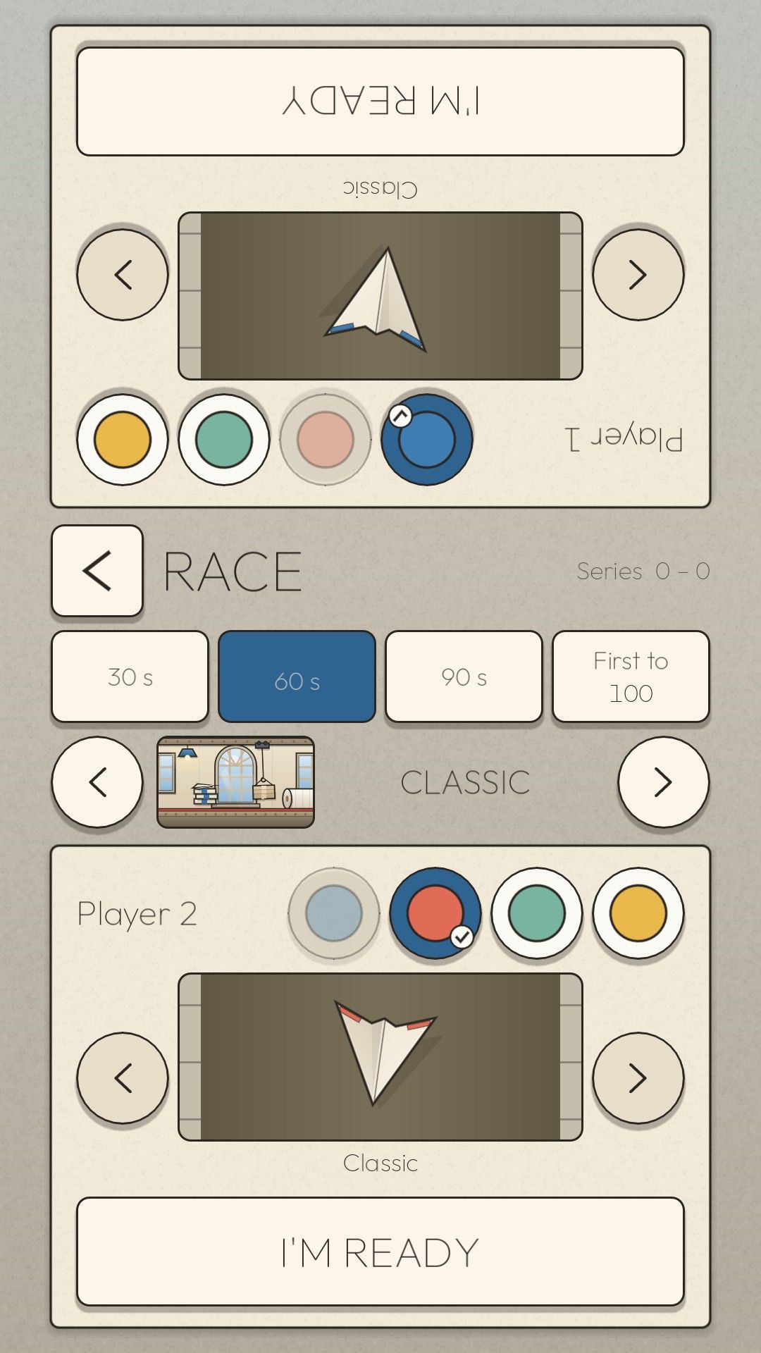 Paper Drift's Race setup screen: player 1's card upside down at the top, player 2's at the bottom, and the race length and Classic map between them