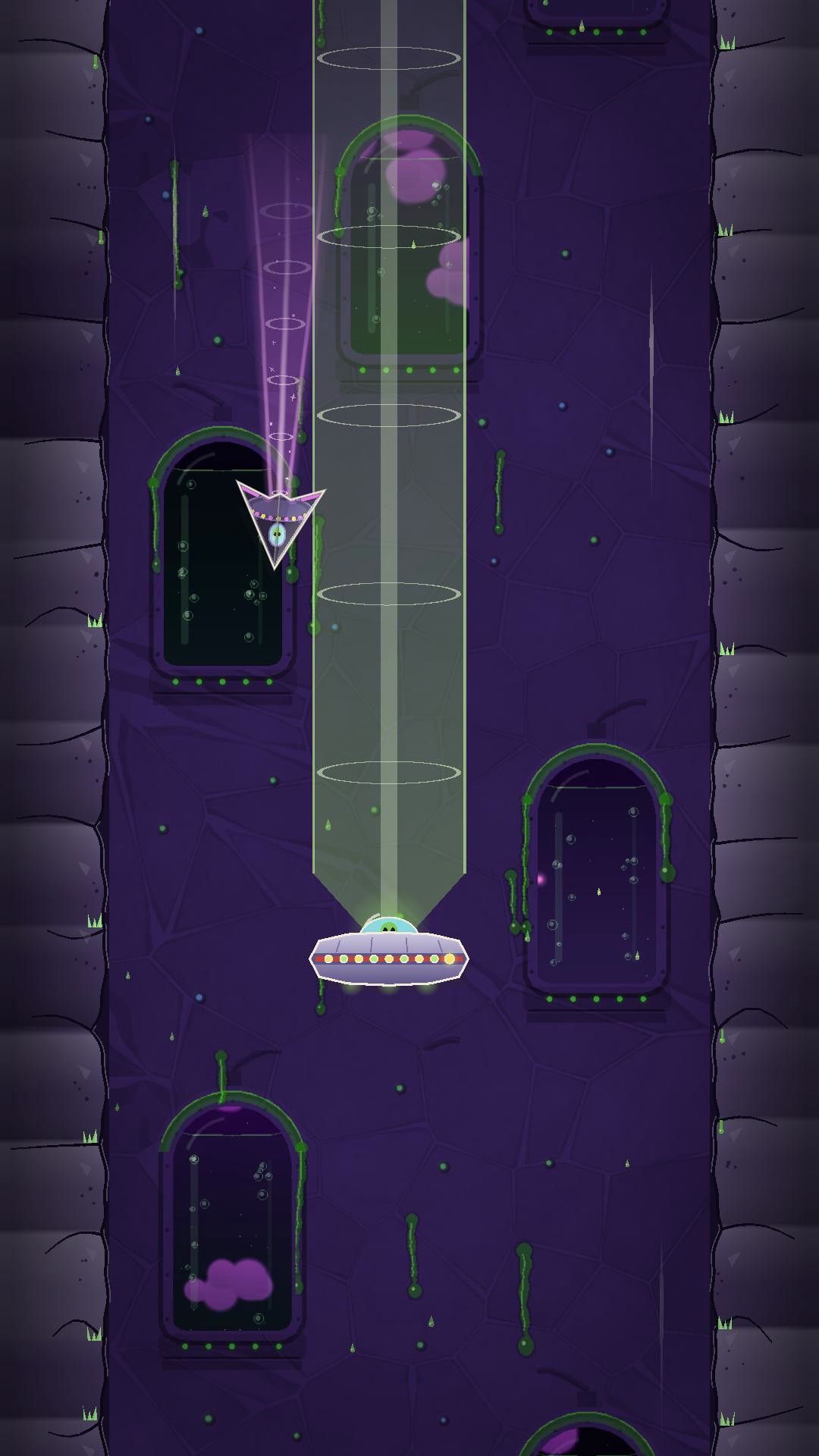 A flying saucer's green tractor beam climbs the Aliens shaft beside a paper plane in Paper Drift