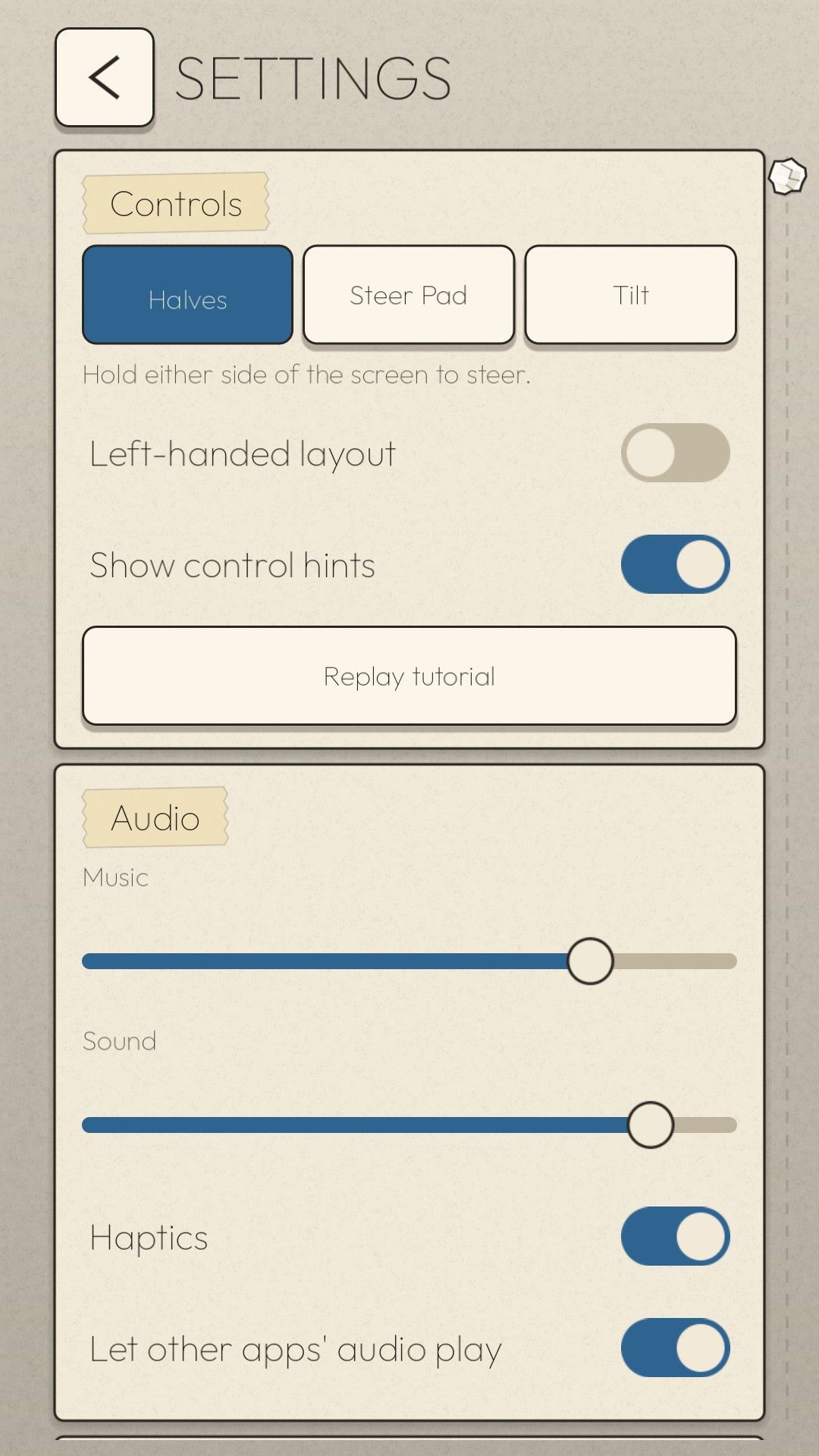 Paper Drift's Settings screen with the Halves, Steer Pad and Tilt controls, the left-handed layout switch, and the music, sound and haptics options
