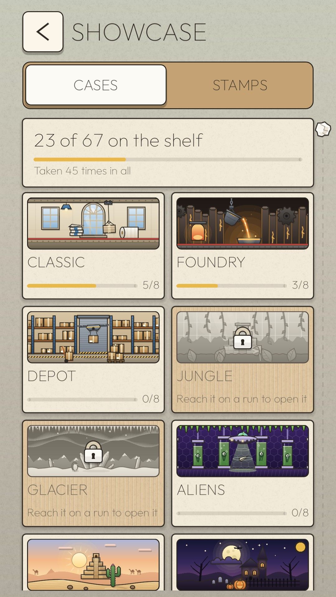 The Paper Drift Showcase listing its map shelves, with 23 of 67 figures collected and the Jungle and Glacier still locked