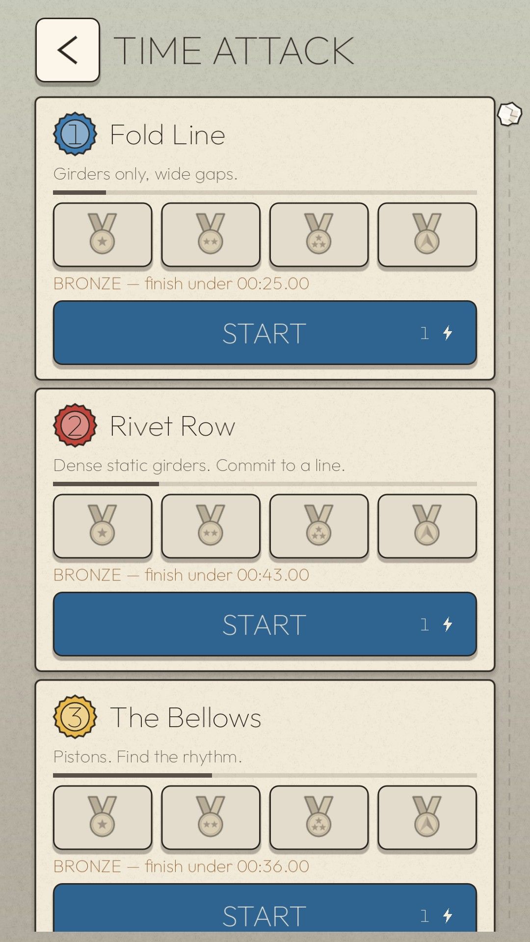 The Time Attack course list with medal slots for each course