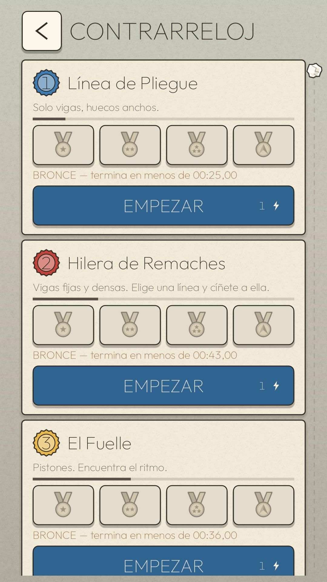 La lista de recorridos de Contrarreloj con las medallas de cada uno