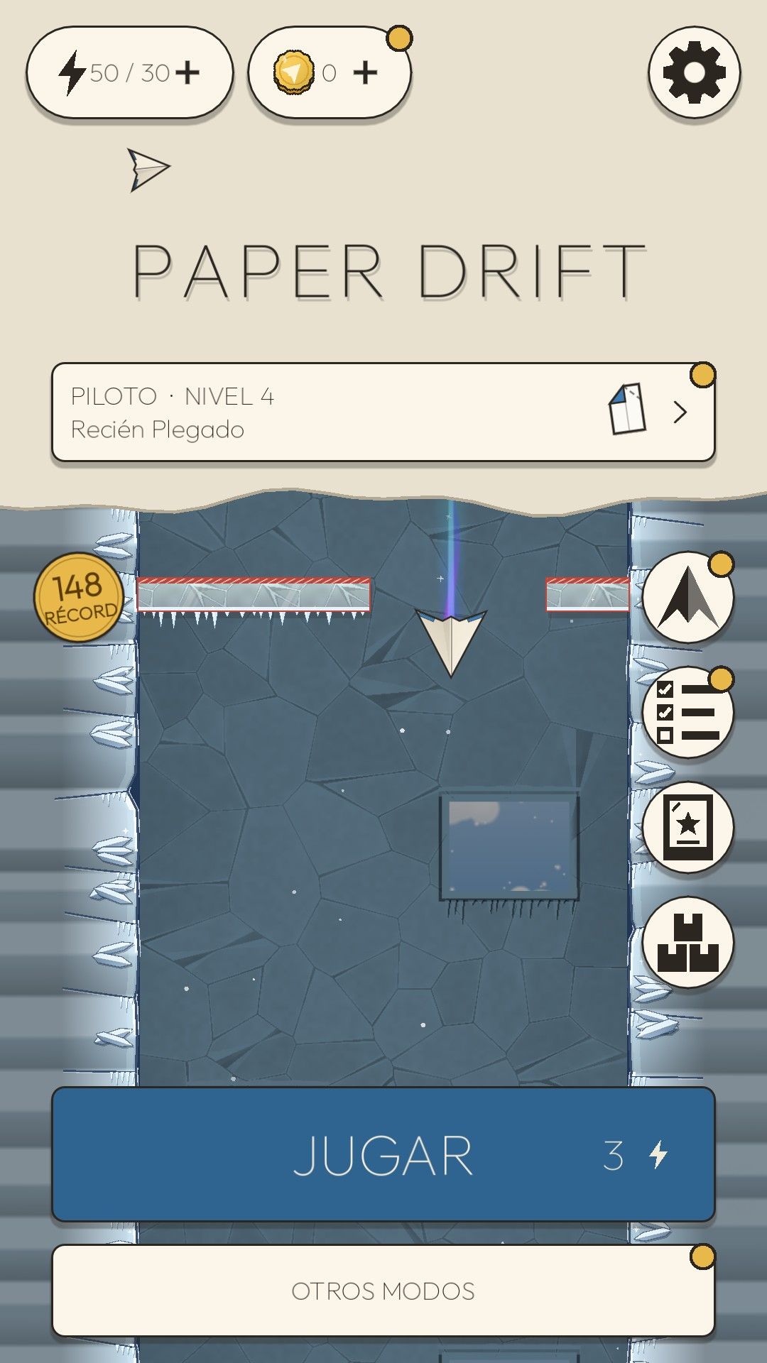La pantalla de inicio de Paper Drift: un avión de papel en el pozo del Glaciar, el botón JUGAR y el menú lateral